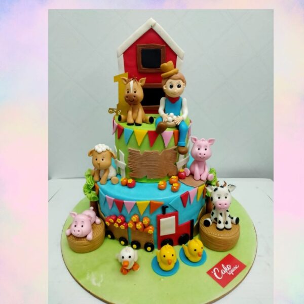 Lovely Animals First Birthday Cake 6 Kg - large multi-tiered cake with cute farm and forest animal figures and nature-inspired decorations