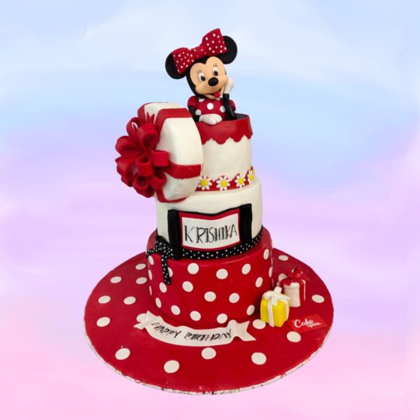 Chic Modern Minnie First Birthday Cake 6 kg with contemporary polka dot design, oversized bow topper, and sleek gold accents, featuring a stylish "1" numeral.