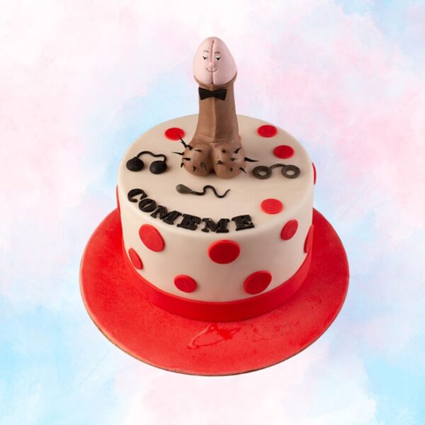 A Naughty Dick Cake, showcasing a playful and cheeky design, displayed on a festive table, ready to add a fun and humorous touch to an adult celebration or bachelorette party.