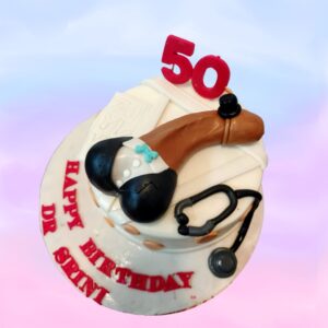 A Naughty Doctor Adult Cake, featuring a playful medical-themed design with a cheeky twist, displayed on a festive table, ready to add fun and laughter to an adult celebration or themed party.