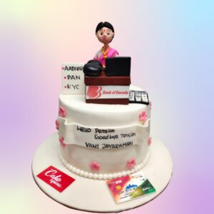 Perfect 1 Kg Customised Mummy Cake for Retirement designed to look like an open book, with fondant pages featuring personalized messages and images representing the retiree's career. A small fondant figure of "Mummy" sits atop the cake, next to "Happy Retirement" text.