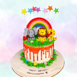 Perfect Animal Rainbow Birthday Cake 2 Kg. Colorful rainbow cake with cute animal decorations