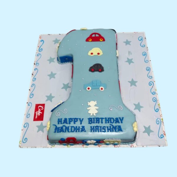 Perfect One Shape Cake Boys Birthday Cake 3 Kg - large number one shaped cake with boy-themed decorations and blue color scheme