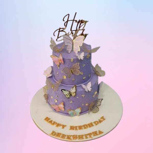 Perfect Purple Butterfly 2-Tier Girls Birthday cake 4 Kg Two-tier lavender cake with cascading purple butterflies and floral accents