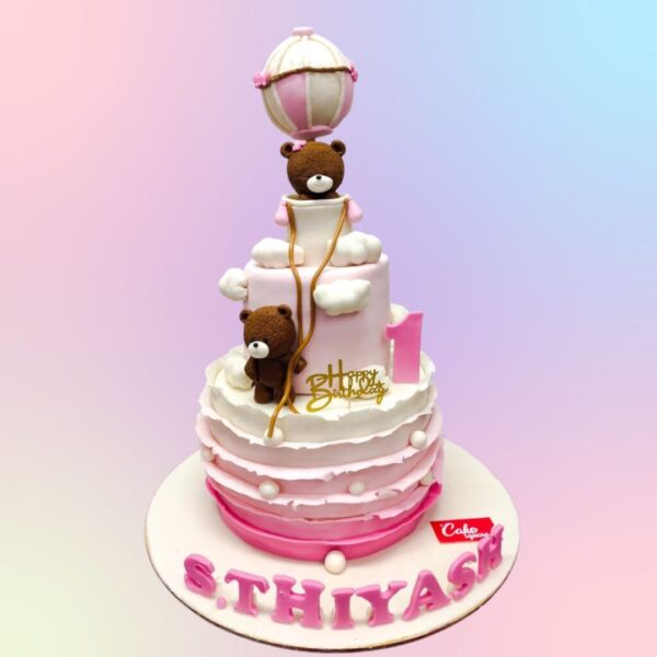 Pink Hot air Balloon Girls First Birthday Cake 5 Kg for girls with dreamy sky decorations.