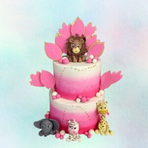 Pink Jungle Theme Girls Birthday Cake 4 Kg. Vibrant 4 Kg birthday cake with pink jungle animals and lush tropical decorations.