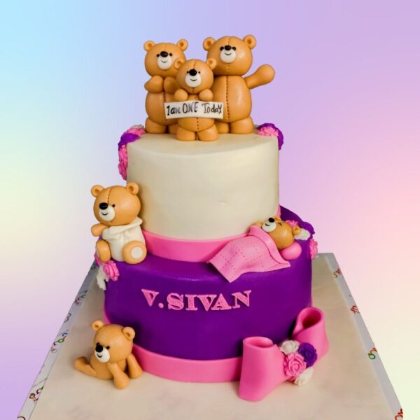 Playful Pink Teddy Bear First Birthday Cake 5 KgPlayful pink teddy bear first birthday cake, 5 Kg, perfect for a fun and special celebration.