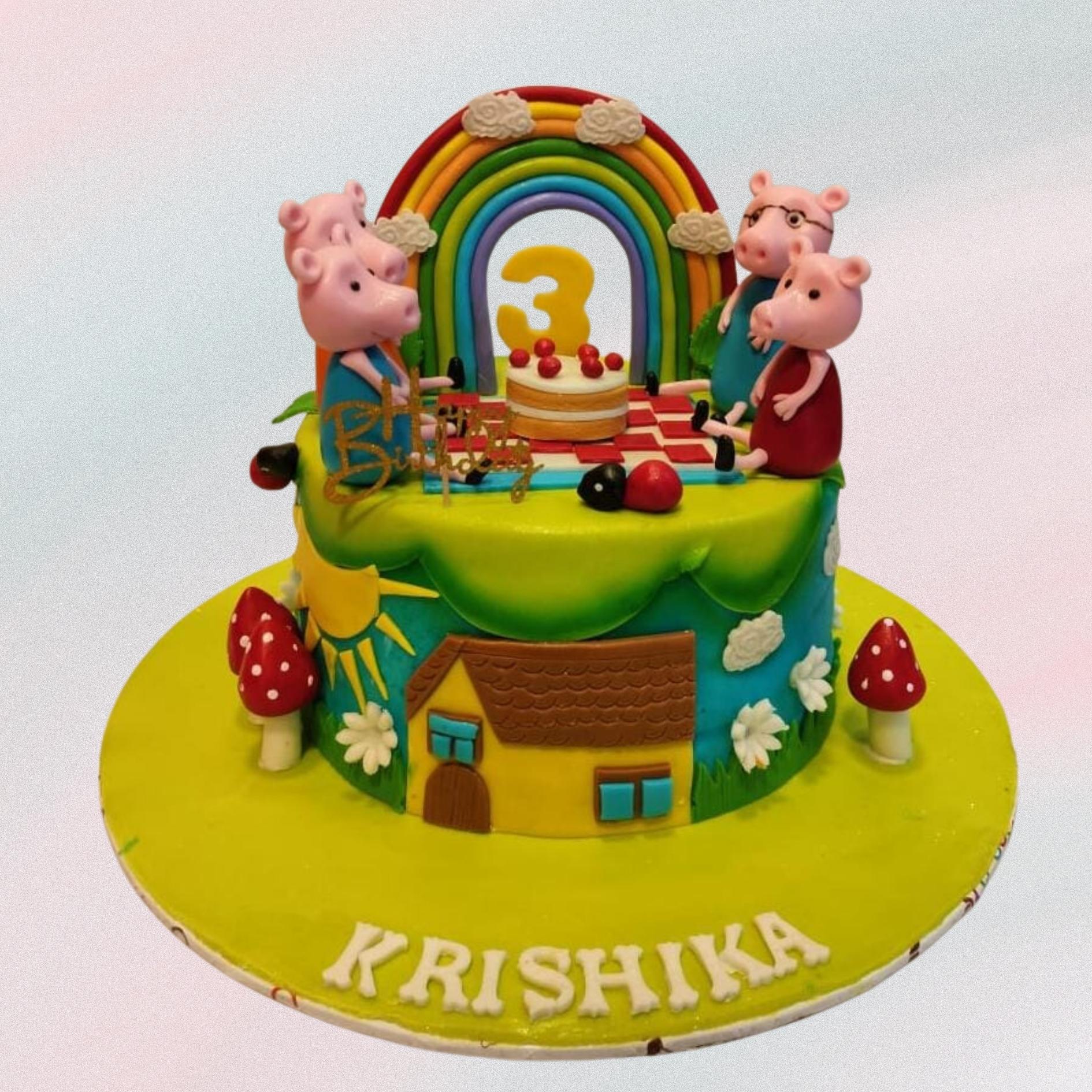 Plumpy Peppa Pig Customised Cake 2 Kg - round cake with 3D Peppa Pig figure and colorful muddy puddle decorations