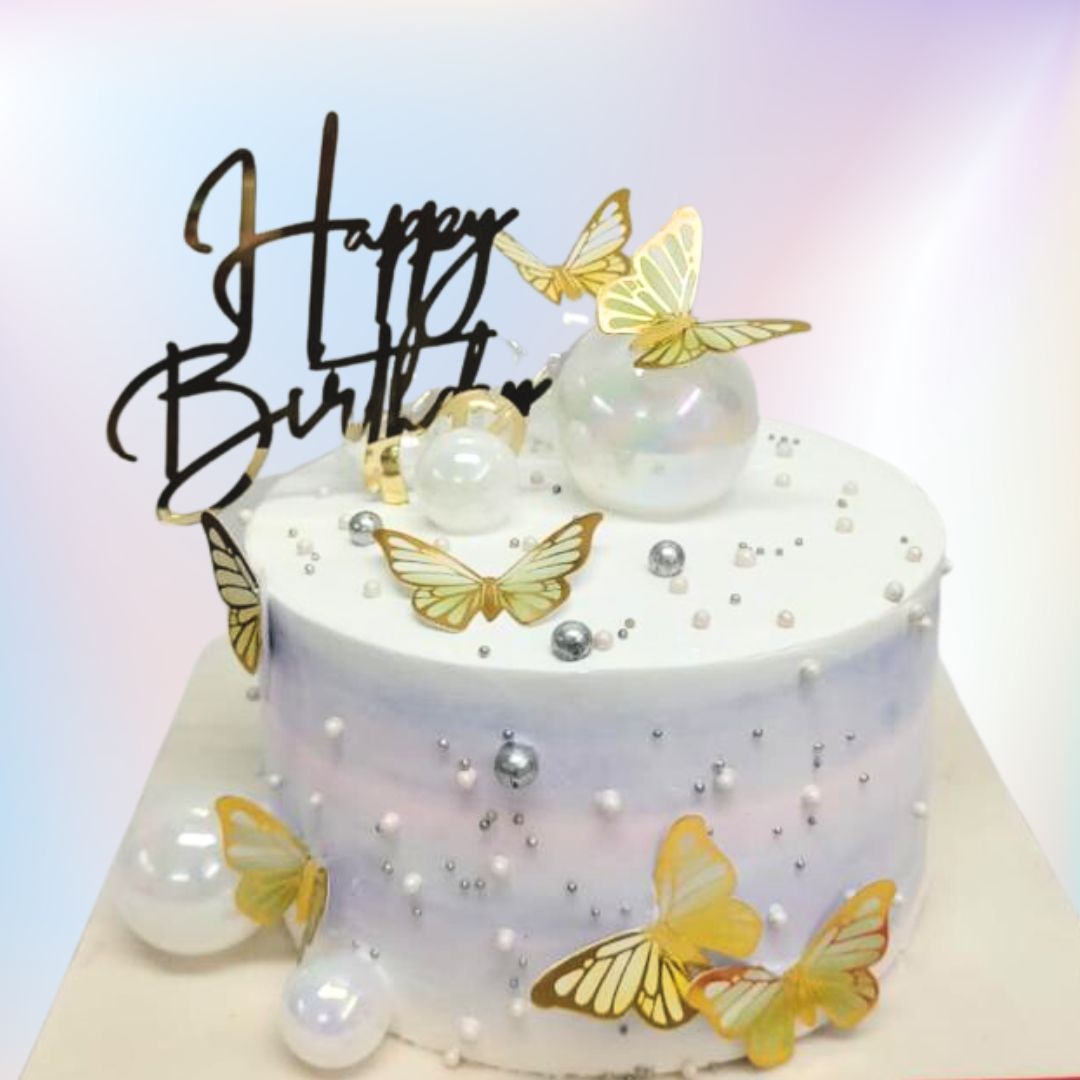 Elegant Blue and Cream Happy Birthday Cake - Dough and Cream