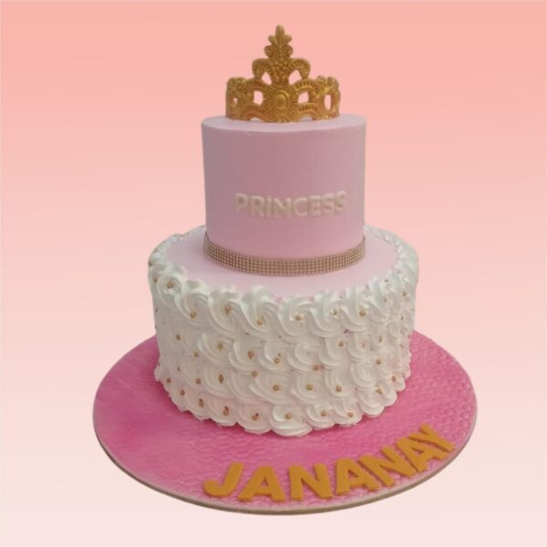 Princess Theme No Fondant 3 Kg Girls First Birthday Cake Three-tier pink buttercream cake with crown, wand, and castle silhouette decorations