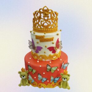 Promising Pearl Crown 1-tier Birthday Cake with edible pearl decorations and golden crown topper