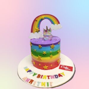 Rainbow Theme Girls Birthday Cake 1 Kg - round cake with vibrant rainbow layers and colorful cloud-like frosting decorations