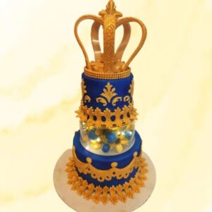 Majestic Royal Prince Crown First birthday Cake 5 Kg with regal blue and gold design, featuring a grand crown centerpiece