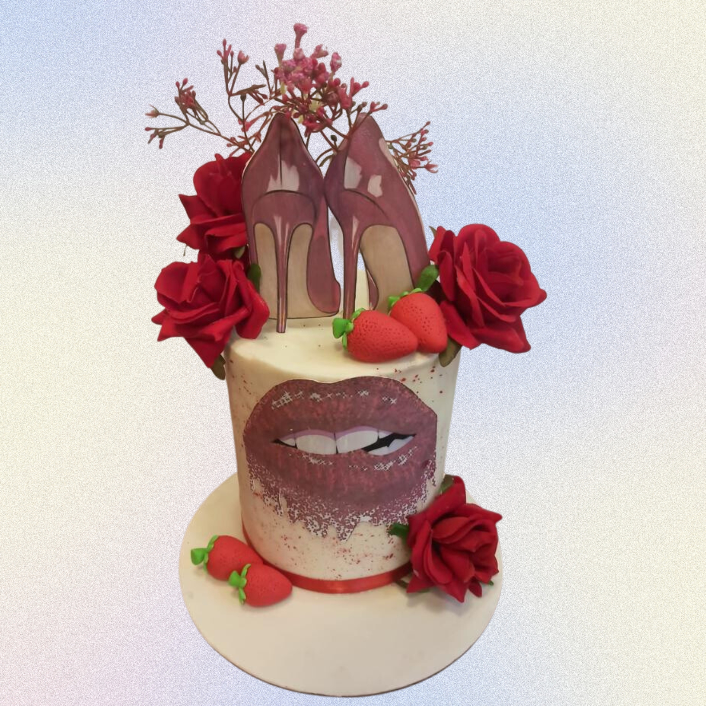 A creatively designed bachelor party cake featuring alluring lip motifs, suitable for adult celebrations and private events.