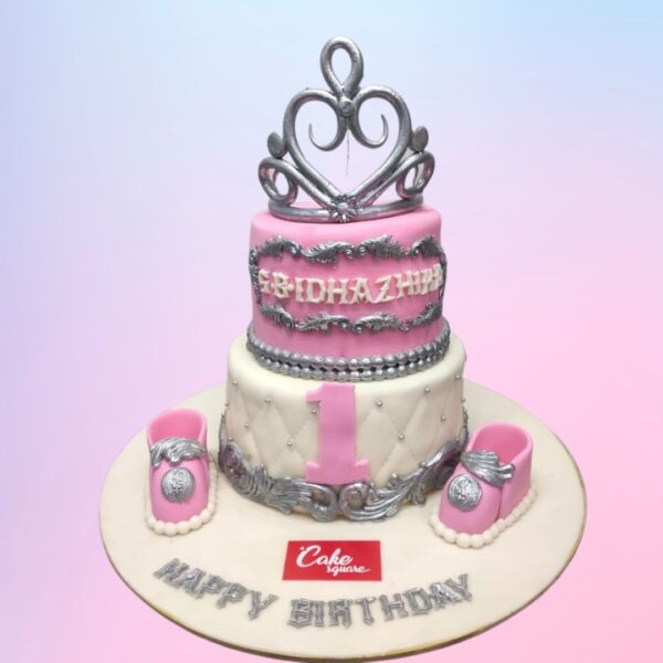 Silver Pink Crown Birthday Cake For Girls 5 Kg for girls with metallic accents and floral details.