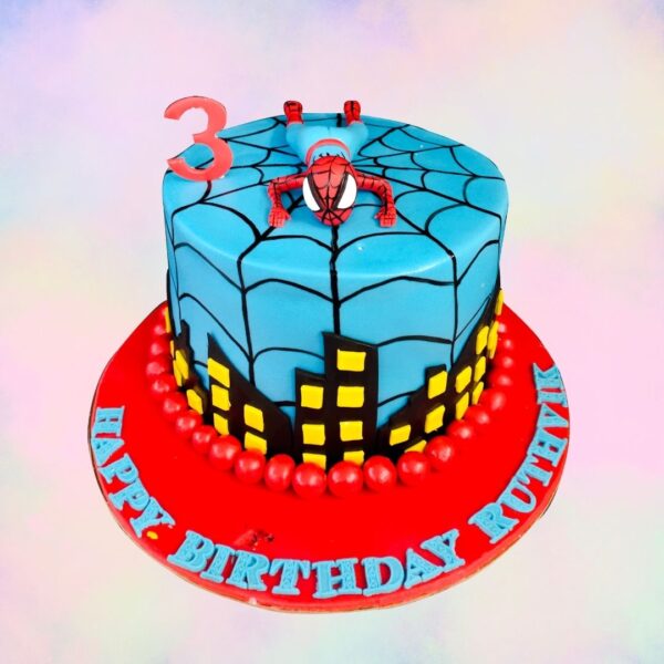 A Spider Man Theme Birthday Cake 1 kg, Featuring Spider-Man’s iconic mask and web-slinging design, perfect for young superhero fans.