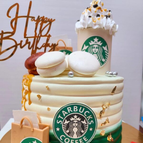 Stylish Starbucks Birthday Cake 1 Kg - round cake designed like a Starbucks coffee cup with iconic green logo and personalized name