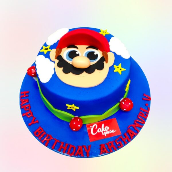 Super Mario Customised Birthday Cake 1 Kg - round cake with Super Mario game scene, featuring Mario figure and iconic game elements