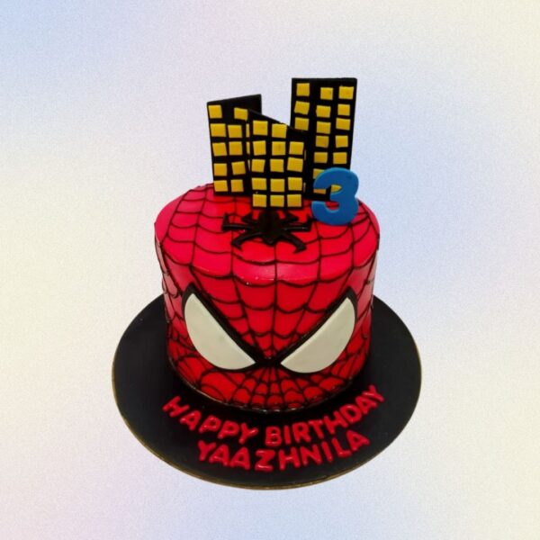 Action-packed Super Spiderman Birthday Theme Cake 1 Kg featuring the iconic superhero, web designs, and city skyline