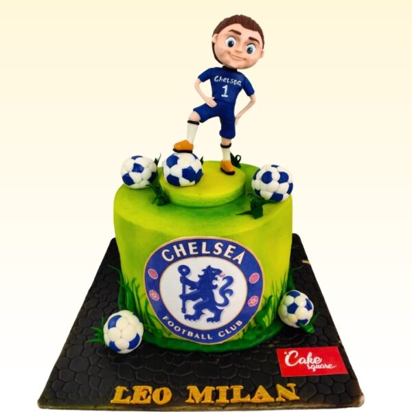 A dynamic Superb Football Theme Birthday Cake 2kg, featuring a football and goal post design, perfect for young sports enthusiasts.