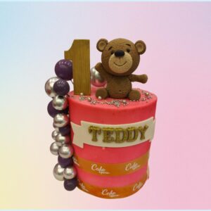 Teddy Theme Birthday Cake 2 Kg - round cake with 3D teddy bear topper and paw print decorations in soft pastel colors