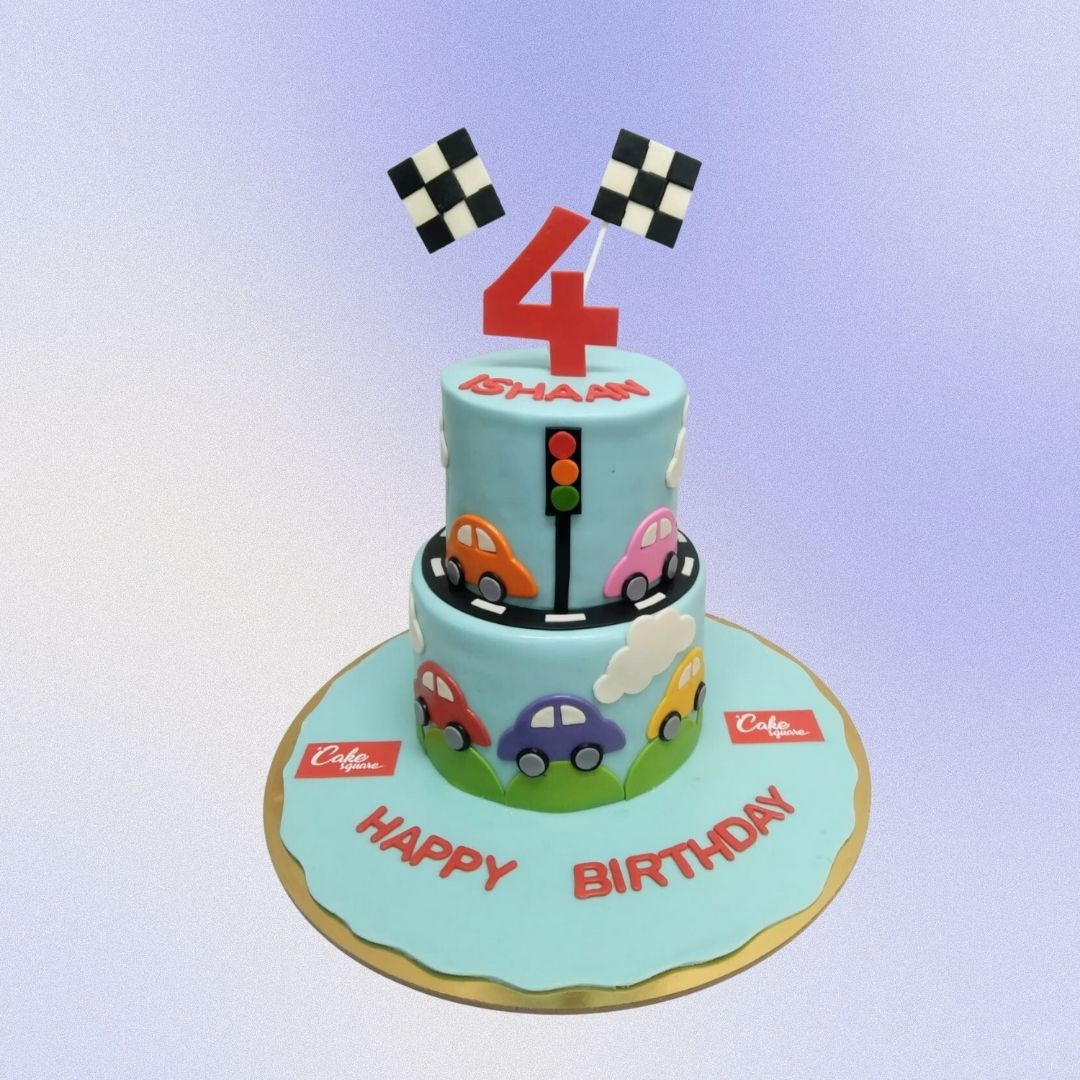 Exciting Vibrant Race Car Boys Birthday Cake 4 Kg with realistic car design and racing track details