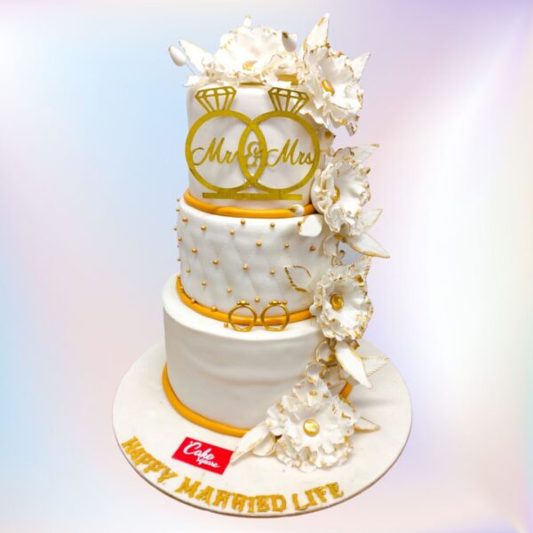 White Gold Engagement Cake 4 Kg with metallic accents, sugar ruffles, and a sparkling "Two Hearts, One Love" topper.