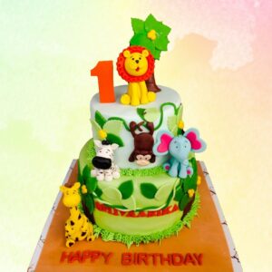 A Wild Animals Customised First Birthday Cakes 3 kg, Featuring a variety of wild animals and personalized details, perfect for a memorable first birthday celebration.