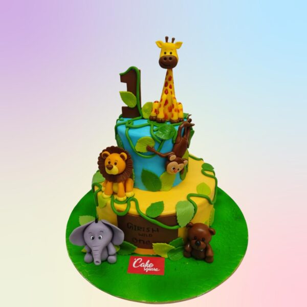 Wild Animals First Birthday Cake 4 Kg - large jungle-themed cake with 3D animal figures and lush green decorations