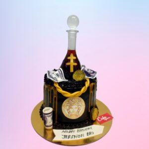 A creatively designed cake shaped like a wine bottle adorned with edible money decorations, ideal for adult celebrations and special events.