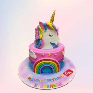 Wonderful Unicorn Theme 2-Tier Birthday Cake 4 Kg Two-tier pastel-colored cake with fondant unicorn, rainbow mane, and gold horn