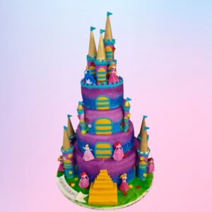 4-tier Gigantic Castle First Birthday Cake. Impressive 4-tier castle-shaped cake with turrets and flags for a child's first birthday