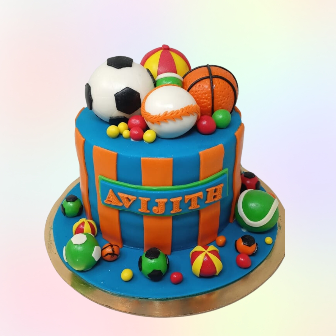 Amazing Bunch of Balls Themed Birthday Cake 2 Kg. Colorful birthday cake decorated with various sports ball designs