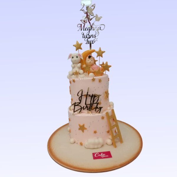 Awesome Moons And Stars First Birthday Cake 3 Kg with a moons and stars theme, featuring celestial decorations in soft pastel colors, perfect for a dreamy celebration.