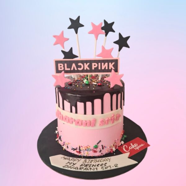 Beautiful Black Pink Theme Cake 1 Kg. A trendy black pink themed cake, perfect for a stylish teenager.