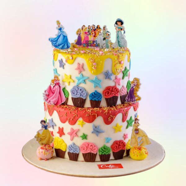 Best Elegant Cupcake Princess Birthday Cake 6 Kg. Grand tiered cake resembling a tower of oversized cupcakes with princess-themed decorations