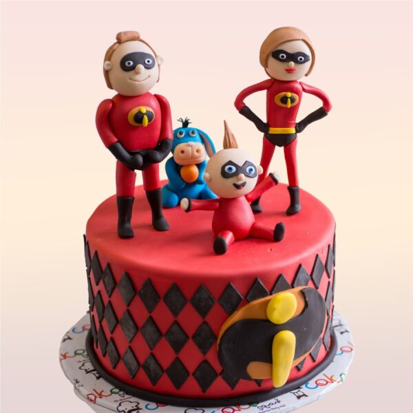 Best Incredibles Disney Movie Themed Birthday Cake 1 kg. Vibrant red and black Incredibles-themed birthday cake with superhero logo