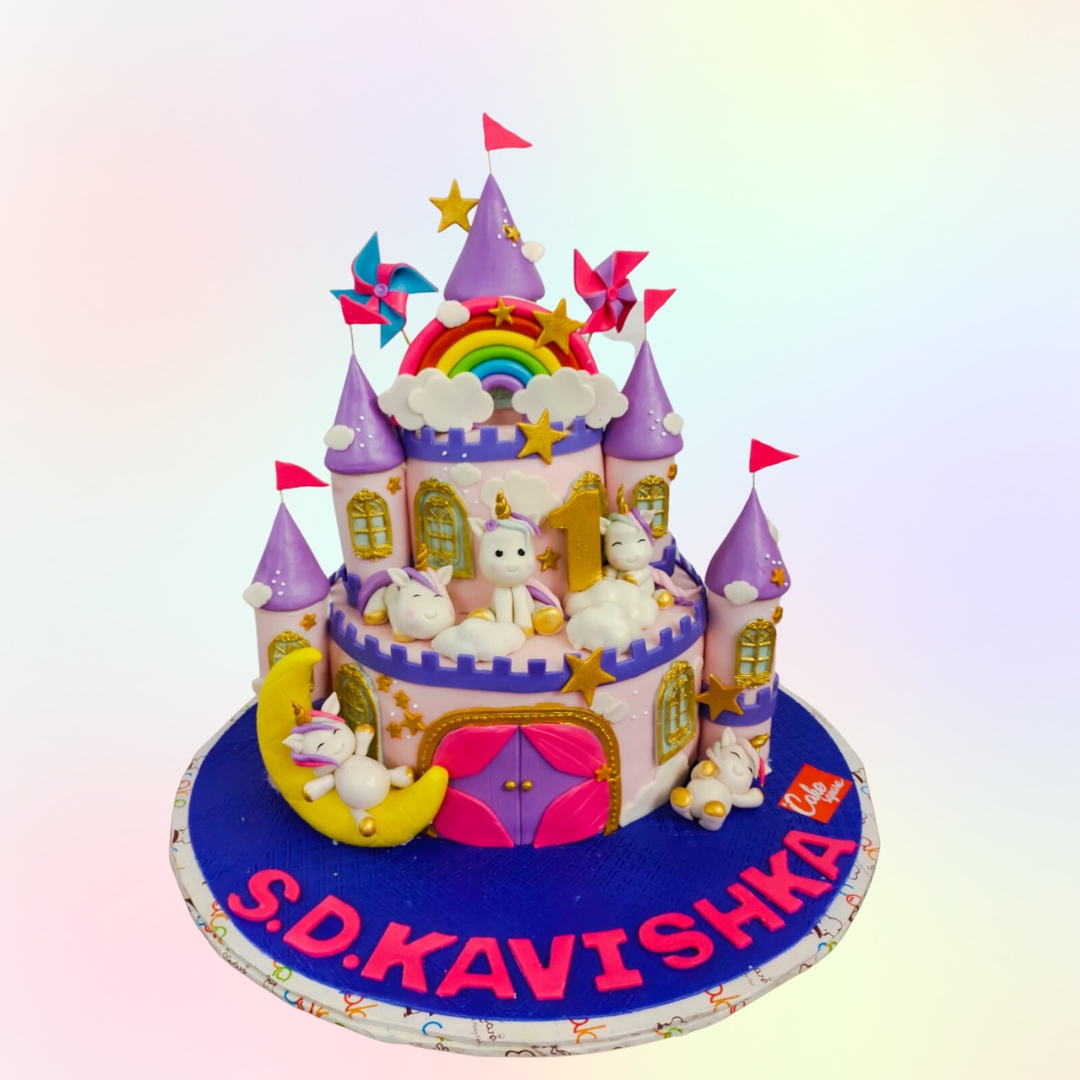 Best Most Cutest Purple Castle Birthday Cake 4 Kg. Whimsical purple castle-shaped cake with turrets and fairy tale elements for a girl's birthday