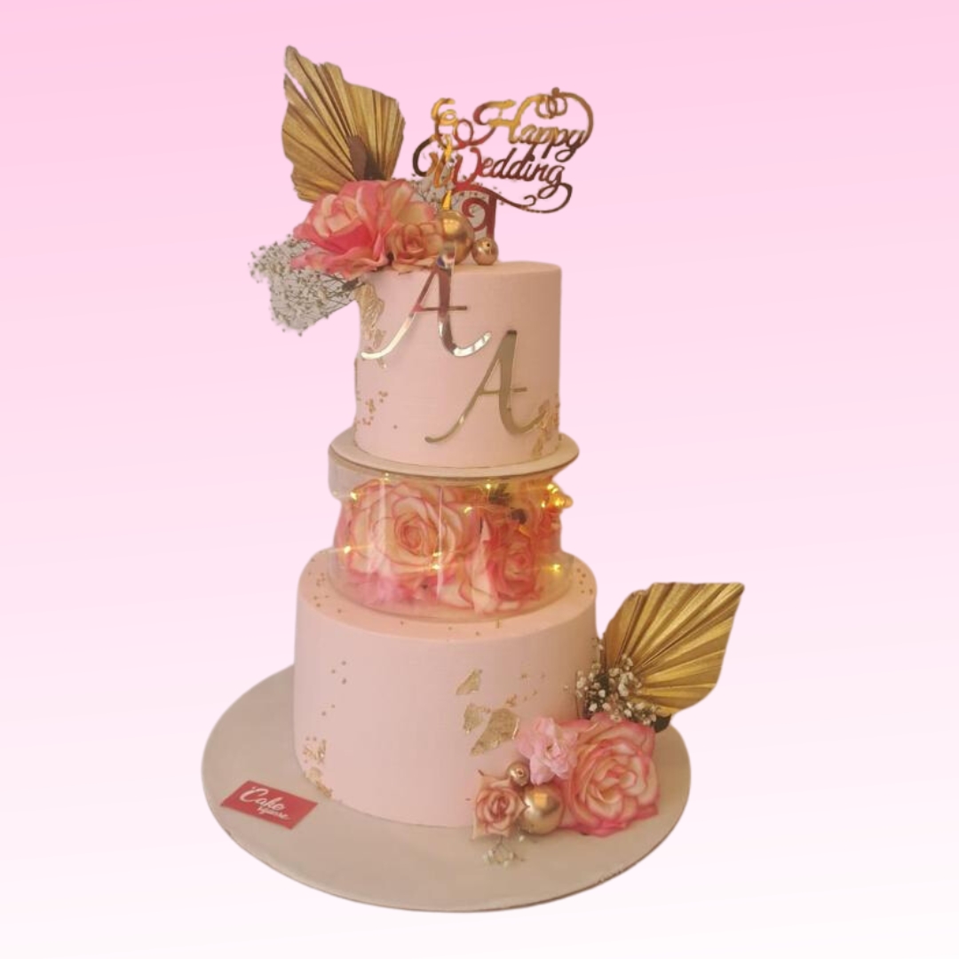 Best New style Engagement Cake With Spacer 5 Kg with geometric patterns, clear acrylic spacer, suspended sugar flowers, and gold "Love" topper.