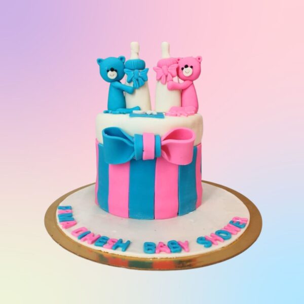 1 Kg Red Velvet Cake with blue and pink Mom to be design, featuring pink and blue teddy decorations.