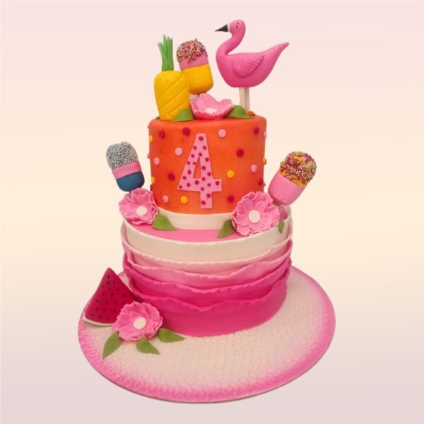 Bright Flamingo Candy Birthday Cake 4 Kg. A vibrant flamingo-themed cake adorned with colorful candies, perfect for a tropical birthday party.