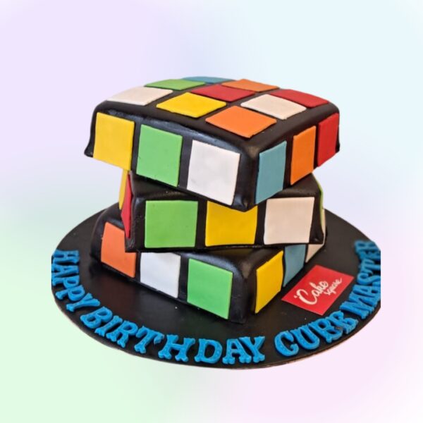 Mind-bending Cubic Puzzle Theme 1 Kg featuring colorful cube designs and twistable cake layers