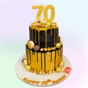 Dad's 70th Birthday Cake 5 Kg. Majestic 5kg multi-tiered 70th birthday cake for dad with elegant gold accents