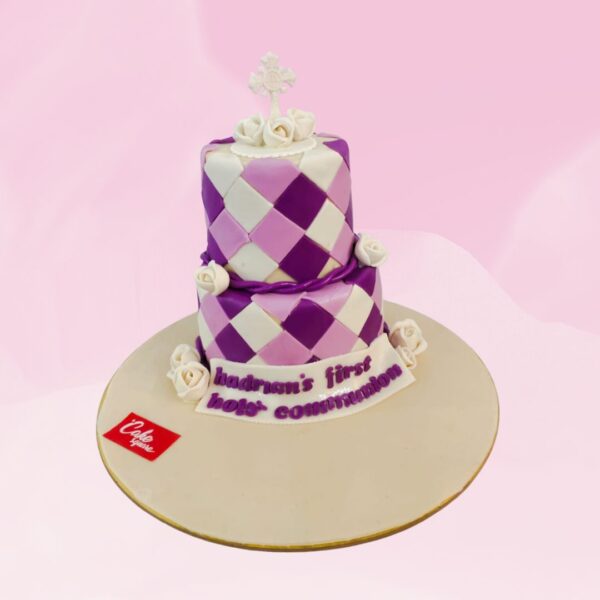 A First Holy Communion Theme Design Cake Black forest flavour 3 Kg featuring delicate piping and a personalized message.