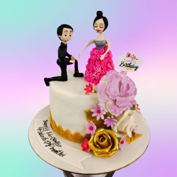 "Happy Ever After Theme 1 Kg Anniversary Cake with couple toppers in butterscotch flavour, featuring a romantic design."