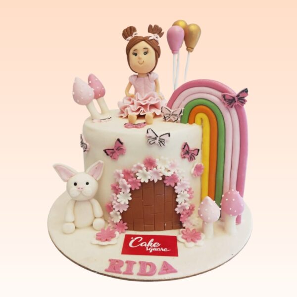 Happy Girls and Bunnies Birthday Cake 2 Kg. Cheerful cake decorated with fondant girls and cute bunny figures for a playful birthday celebration