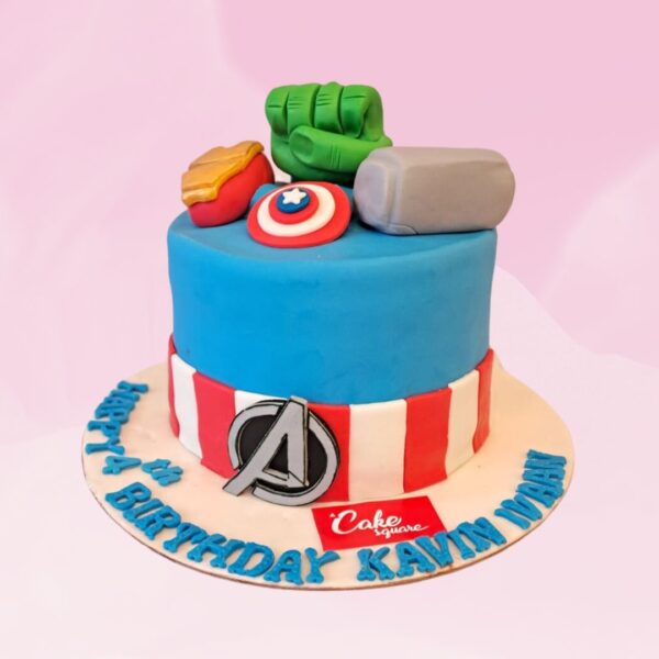 New Avengers Birthday Cake 1 Kg. Action-packed 1 Kg Avengers-themed birthday cake featuring superhero logos and vibrant colors.