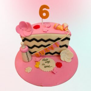 "Pink Theme Girls Half Birthday Cake 1 Kg with delicate pink decorations, perfect for a sweet and stylish half-birthday celebration."