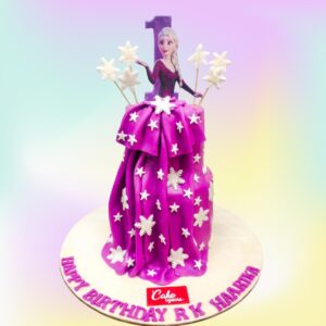 Purple Frozen Theme Girls First Birthday Cake 3 Kg. Elegant purple and blue tiered cake with Frozen characters and snowflakes for a girl's first birthday