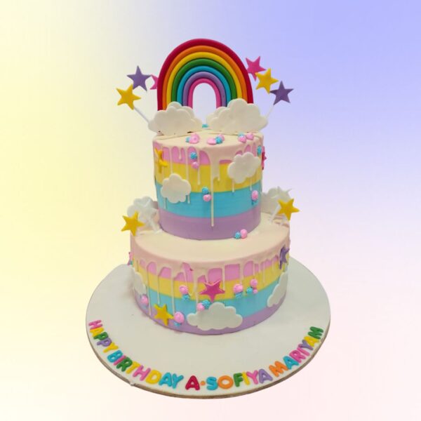 "Rainbow First Birthday Cake 4 Kg. Colorful 4 kg first birthday cake with rainbow layers and festive decorations"